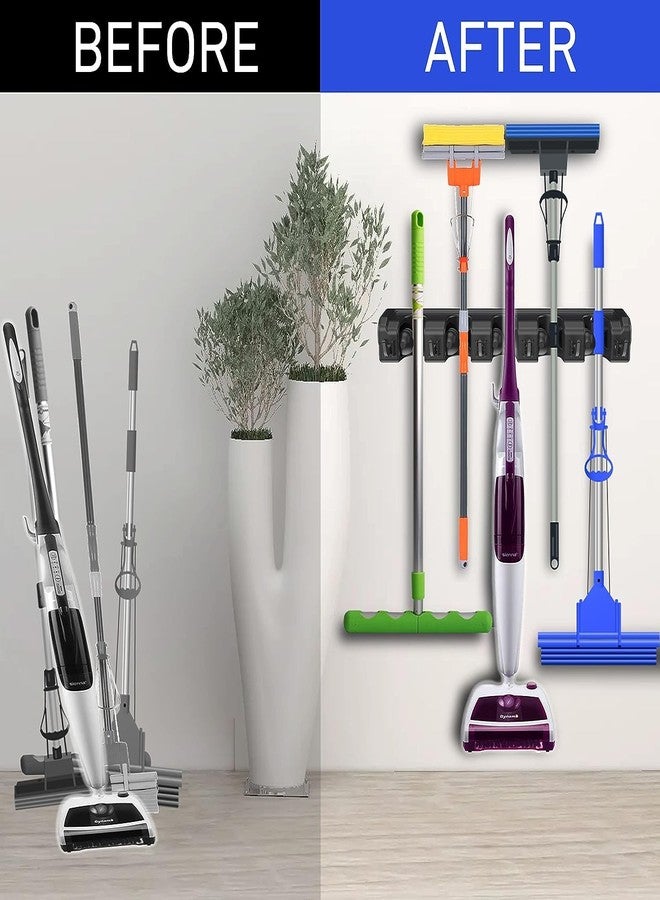 BAREPEPE Mop Holder and Broom Holder, 5 Slot Position with 6 Hooks Brooms Holder Wall Mounted,Heavy Duty Home Garden Garage and Storage Organizer - Image 2